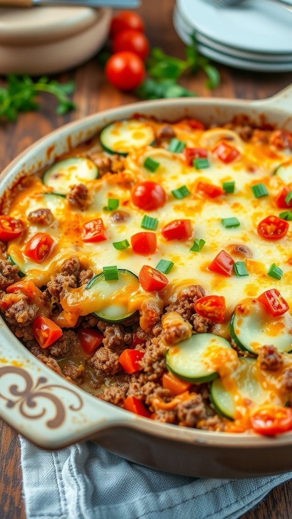 A bubbling zucchini hamburger casserole with melted cheese, ground beef, and zucchini slices in a rustic baking dish.